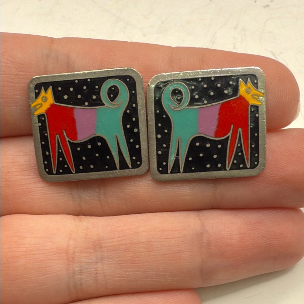 Laurel Burch Night Dog Aztec Square Stud Earrings Jewelry Collectible Cloisonne - Picture 1 of 7
